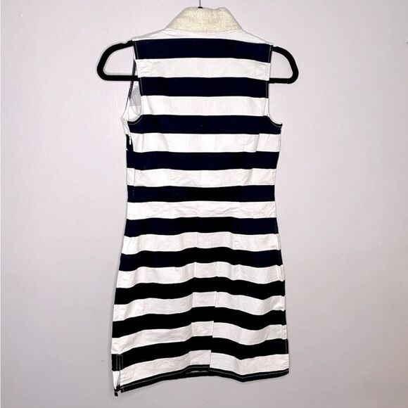 Sail to Sable Black White Wide Striped Soli Neck Gold Sleeveless Shift Dress L - Picture 4 of 8